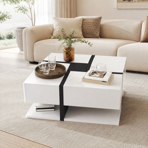Tavolino basso quadrato 78x78x36 cm con 4 cassetti e ripiano inferiore bianco e nero (1/5)