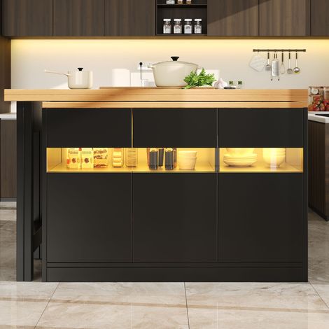 Modernluxe – Meuble bar extensible avec éclairage LED – rotation 360° – MDF noir – 180x79.5x71.5cm – rangement multifonction