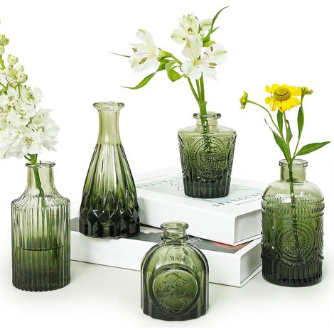 Lot de 5 Petits vases à Fleurs en Verre Vert pour centres de Table, Mini vases Vintage pour Mariage Rustique, Maison, décoration de Table (1/5)