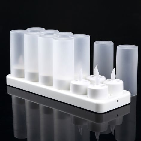 12 pièces Bougies LED rechargeables en plastique, lumière vacillante jaune, bougies décoratives avec batterie intégrée, veilleuses pour table, sans flamme (1/3)