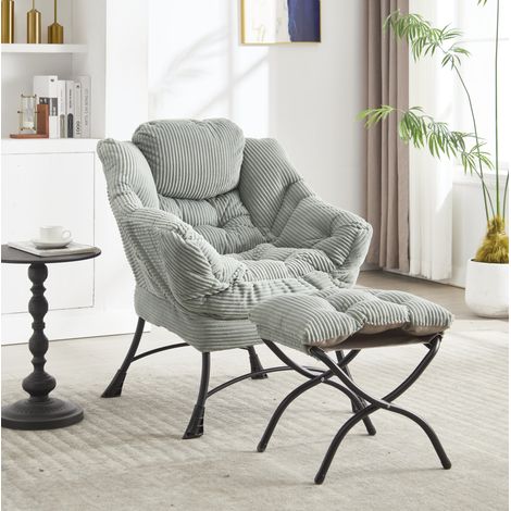 Fauteuil lounge 70x64x95 cm vert clair en acier et flanelle avec repose-pieds et poche latérale (1/5)