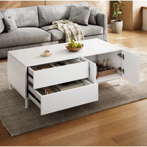 Tavolino rettangolare con contenitore, 2 cassetti e 2 ante, 100 x 50 x 39,5 cm, bianco DESVIAE (1/5)