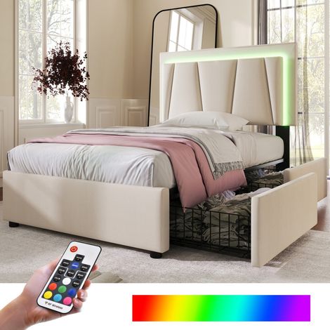 Lit simple 90x200 avec coffre, 2 tiroirs et éclairage LED. Tête de lit réglable, sommier lattes bois. Beige (Sans matelas) (1/5)