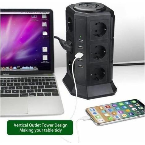Tour Multiprise Parasurtenseur Parafoudre 12 Prises avec 5 USB 4,5A Ports BLEOSAN - Cordon de 2m - Noir (1/3)