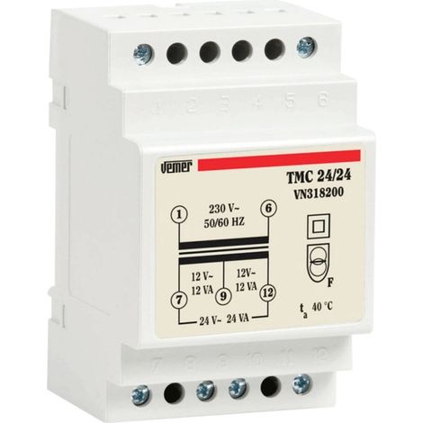 Transformateur pour tableau électrique 24VA – Tension primaire 230V, secondaire 12-24V AC – Montage sur rail DIN – Usage pour appareils basse tension – Vemer