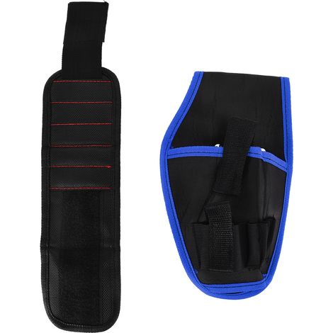 12V Multifunktions-Gürtelholster für Bohrmaschinen mit magnetischem Armband und blauer Einfassung (1/5)