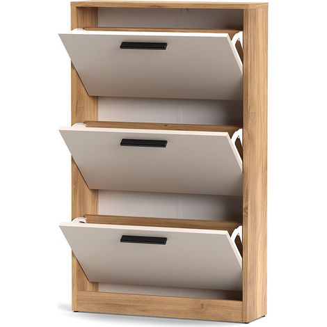 Meuble à chaussures à 3 portes coloris Beige/chêne Mauvella - Longueur 60 x Hauteur 107,7 x Profondeur 17 cm (1/3)