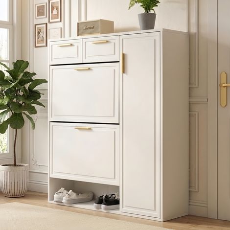 Meuble à chaussures moderne, Rangement d'entrée gain de place avec tiroirs et étagères réglables, Structure robuste en MDF et métal avec poignées dorées L95xP24xH107 cm, Blanc