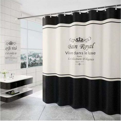 180 x 200cm Shower Curtain with 12 Hooks, Quick Drying (Black and White), Waterproof Polyester Fabric, Machine Washable, Bathroom Curtains (1/4)