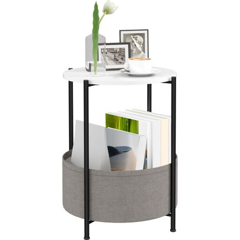Table de appoint ronde avec panier en tissu, table basse à deux niveaux pour salon, chambre, petits espaces, métal, gris et blanc (1/5)