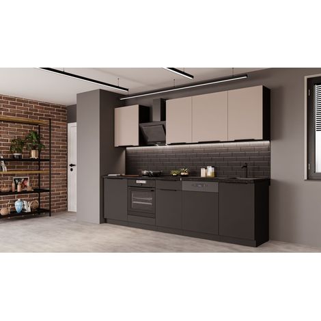 Küche SIENA + ARONA BASIC 280 cm Küchenzeile Küchenblock Einbauküche Kaschmir beige + Schwarz matt (1/5)