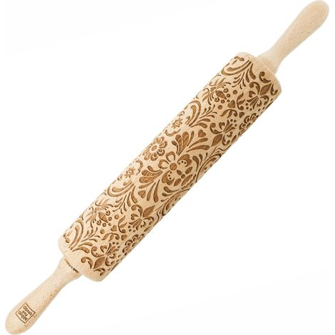 Mattarello in legno MoodForWood, inciso, 43 cm con manici, perfetto per la cottura al forno - Motivo Rosemaling (1/5)
