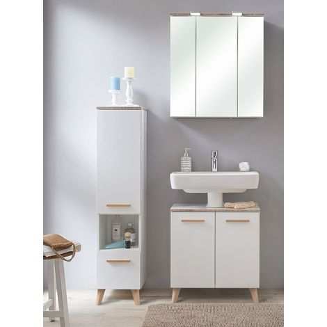 Badmöbel Set mit Füßen DOVER-66 in Weiß Glanz mit 3D Kante in Riviera Eiche Nb., B/H/T ca. 110/200/33 cm (1/5)