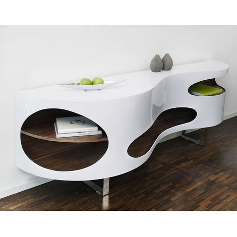 Buffet Bas Design Asymétrique Blanc et Bois de Noyer pour Salon 200 x 50 x 75 cm - PANGIVO (1/3)