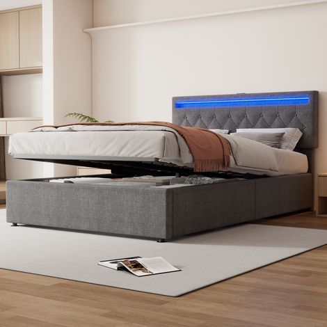AMXCNOY Lit plat 140200 cm, capitonné, éclairage d'ambiance, lit relevable, prises USB et Type-C, grand rangement, Gris (1/5)