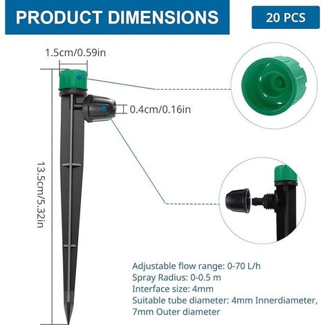 20 Pièces Goutteur Irrigation Réglable, 360 Degrés 8-Trou Micro Asperseur Goutte à Goutte avec Connecteur Barbelé & Piquet de Support pour Tube 4/7mm, Goutteur D'irrigation Insertion, Vert (1/4)