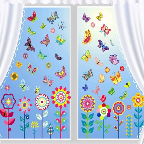 Lot de 9 feuilles d'autocollants de fenêtre printemps, 99 pièces, stickers adhésifs pour vitres, déco été, film autocollant fleurs et papillons, décor fenêtre chambre enfant (1/5)