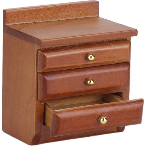 Table de chevet pour maison de poupée 1/12 en bois de bouleau massif avec 3 tiroirs fonctionnels finition lisse élégante et détaillée (1/5)