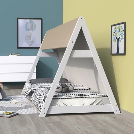 Le Quai Des Affaires – Lit cabane TIPI 90x190 – Structure en épicéa massif blanc – Toit en toile polyester beige – Sommier à 12 lattes inclus