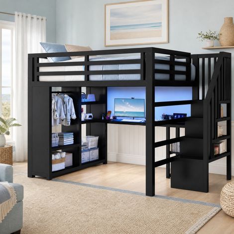 Cama alta gaming de metal 140x200 cm con escritorio, LED y vestidor abierto, negra OKWISH (1/5)