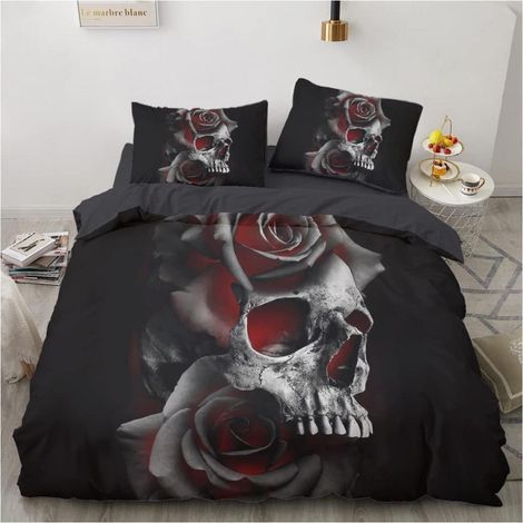 Bettwäsche Totenkopf Rosen 135x200 cm 2-teilig Mikrofaser mit Reißverschluss