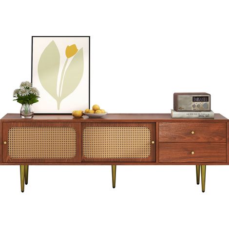 Meuble TV élégant avec portes coulissantes en rotin et tiroirs pratiques, finition noyer foncé, 2 tiroirs, 2 portes coulissantes en rotin, 4 compartiments, 160×40×60 cm (1/5)