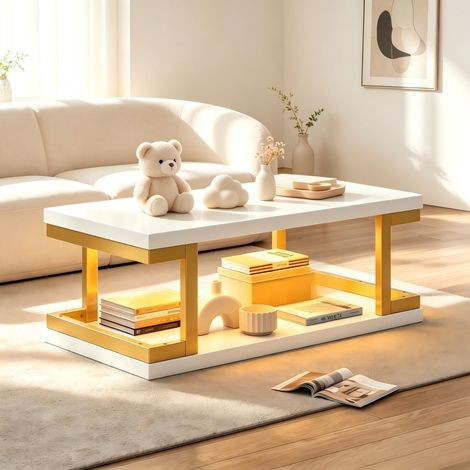 Table basse blanc et doré rectangulaire avec éclairage LED, MDF métal 100×50×37,5 cm, table d'appoint supportant jusqu'à 50 kg (1/5)