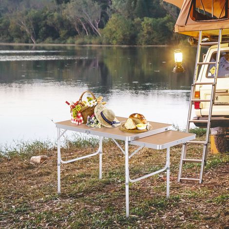 Outsunny Table de camping pliante avec rallonge, hauteur réglable, imitation bambou