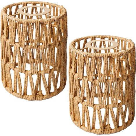 Lot de 2 Abat-jour Rotin, Diamètre 12cm, Hauteur 15cm, Couleur Kaki, Compatible E27 E14, Pour Plafond Lampe Suspendue