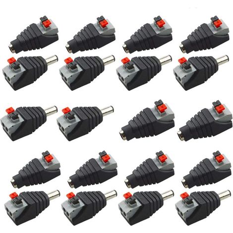 Sollbry Adaptador de enchufe de botón pulsador de CC profesional (20 unidades), conector rápido sin tornillos de 5,5 mm x 2,1 mm para tiras LED de 12 V, cámaras CCTV y otros dispositivos electrónicos. (1/3)