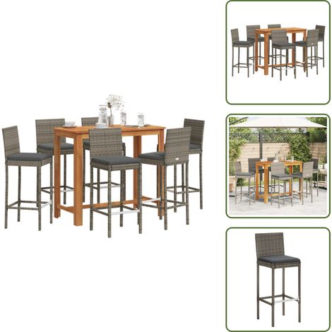 7-tlg. Gartenbar-Set Grau Massivholz Akazie und Poly Rattan - Gartenbar Set - Gartenmöbel - Essbereich Draußen - Outdoor Möbel - Balkonmöbel (1/5)