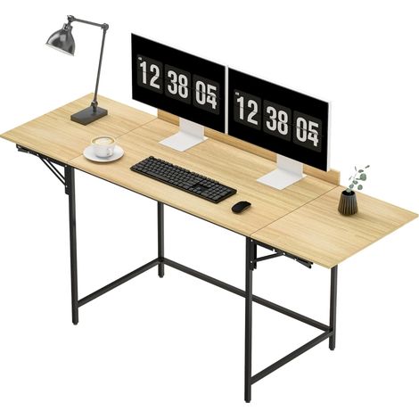 Bureau pliant avec 2 plateaux extensibles en chêne et pieds métal noirs, surface large 170x58 cm (1/5)