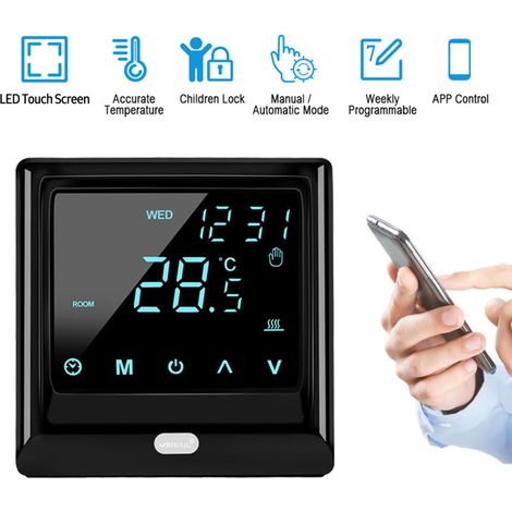 Termostato inteligente Wi-Fi de 16 A con pantalla táctil LED, programación semanal y control mediante aplicación para calefacción eléctrica por suelo radiante.