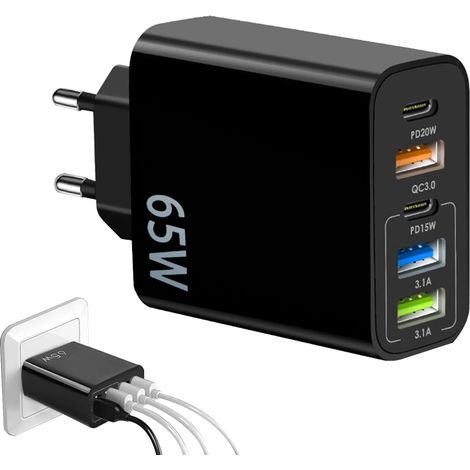 4PCS 65W Prise Chargeur Rapide, 5-Port Chargeur USB C Multiple, Prise Multiple USB,Adaptateur d'alimentation,Prise Secteur USB C,Multi Secteur PD+QC 3.1A Type C Adaptateur(Noir,EU) (1/5)