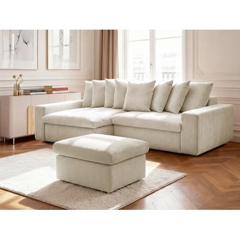 BOBOCHIC - Canapé d'angle fixe ENORE velours côtelé avec pouf Angle gauche Beige (1/5)