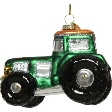 Kaemingk – Suspension de Noël nostalgie tracteur vert avec paillettes argentées – Verre, 7 cm