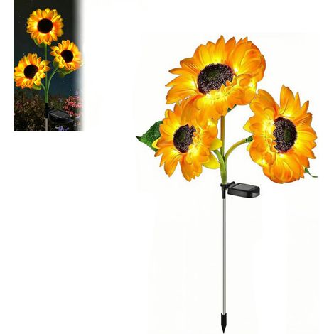 Iluminación solar para jardín: 1 guirnalda de luces LED para exteriores con 3 cabezas en forma de girasol, resistente al agua, de color amarillo cálido, para decorar su jardín, terraza o porche. (1/5)