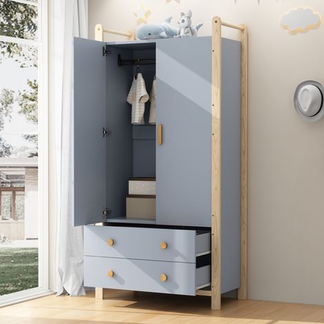 Kleiderschrank 89.6x44x180.5 cm blau/natur aus Massivholz und MDF mit Kleiderstange und 2 Schubladen (1/5)