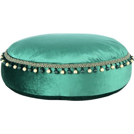 Pouf Rotondo Taj Mahal in Velluto Verde con Pompom (1/3)