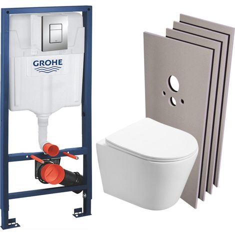 Grohe Pack WC Bâti-support + WC SAT Infinitio sans bride, fixation invisible + Plaque chrome + Set d'habillage