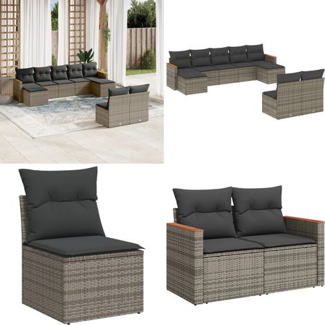 Salon de jardin 9 pcs avec coussins gris résine tressée - Ensemble Salon De Jardin - Mobilier Extérieur - Meubles De Jardin - Salon De Jardin Design - Set Salon De Jardin - Home & Living (1/5)