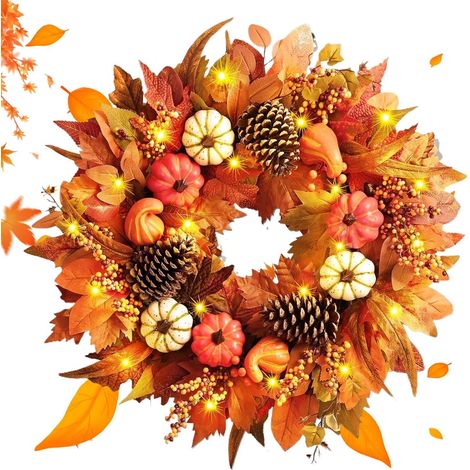 Couronne d'automne, Couronne de Porte d'automne, Décoration Artificielle de 50 cm avec Citrouilles Baies et Feuilles, pour Intérieur Extérieur Cheminée Ferme Porche (1/5)