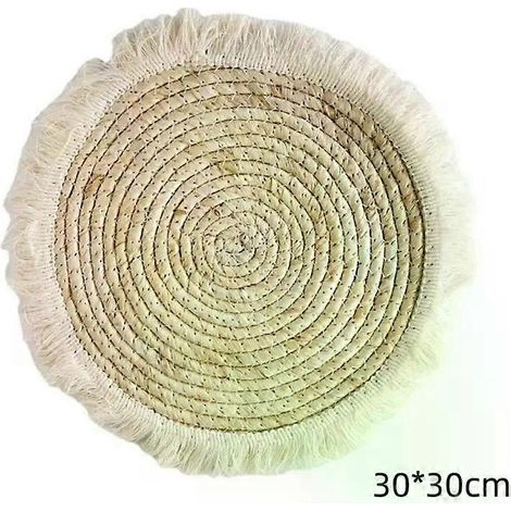 HONORNIC - Set de table moderne et simple en paille tressée, napperon en peau de maïs tressée, bord à franges, épais et isolant thermique, petit dessous de tasse à thé, 30 cm (1/5)