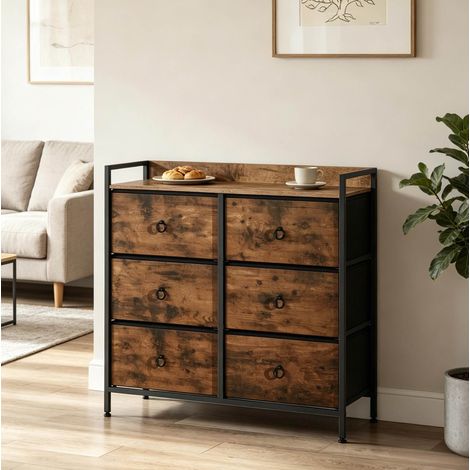 Cómoda con 6 cajones de madera инженерizada, metal y tejido, 80x29x78 cm (1/5)