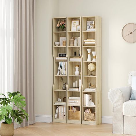 Bibliothèque, Étagère à 7 Niveaux, Bibliothèque Étroite, Etagère Cube, Meuble de Rangement Livres, pour Bureau, Salon, Chambre, Style Moderne, Beige Chêne
