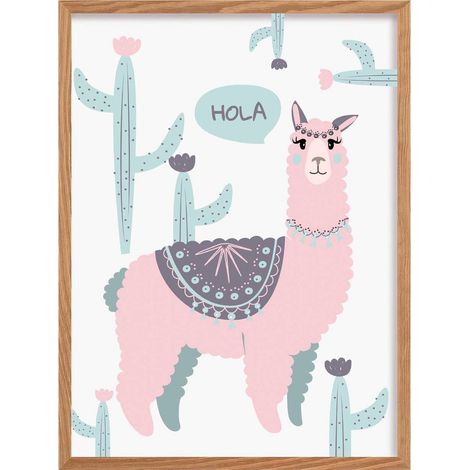 Tableau cadre bois clair Doux Lama II - Rose cadre Bois clair (1/3)