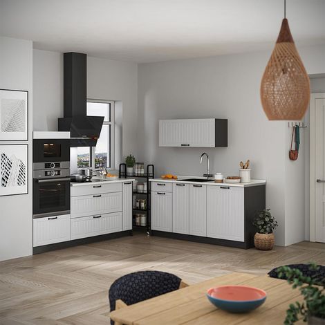 Küchenzeile Fame-Line, Weiß Landhaus/Anthrazit, 340 cm ohne Arbeitsplatte, Vicco (1/5)