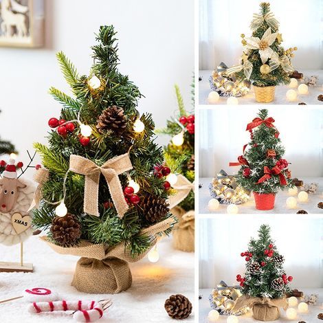 Set mit 2 künstlichen Weihnachtsbäumen, 45 cm hoch, mit 60 realistischen LED-Lichtern aus dickem, warmweißem Poly (mit Timer), batteriebetrieben, 36 roten Beeren, 12 Tannenzapfen und Sternen, perfekt (1/5)
