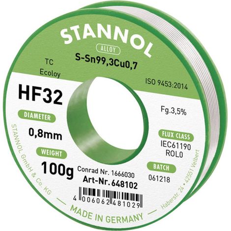Stannol HF32 3,5% 0,8MM SN99,3CU0,7 CD 100G Stagno senza piombo senza piombo, Bobina Sn99,3Cu0,7 ROL0 100 g 0.8 mm