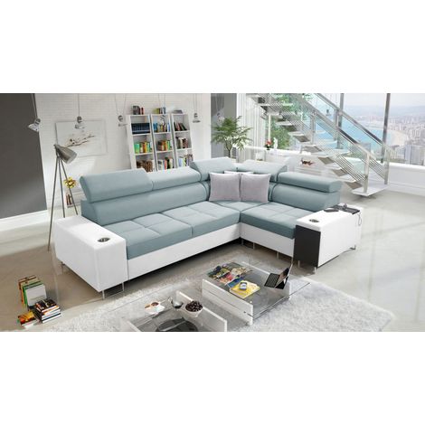 Elegantes Ecksofa mit Konsole und Ladegerät MORENA II Kunstleder/Sawana Weiß/Blaugrau Rechts (1/5)